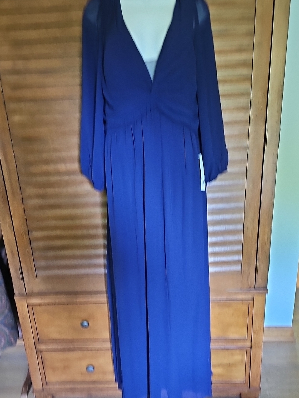 Deep Blue Long Sleeve Maxi Dress - Elegant V-Neck